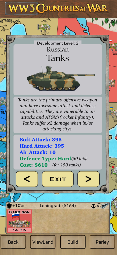WW3 Countries at War - Screenshot of the Russian Tanks unit card in WW3 Countries at War showing attack stats and deployment cost.