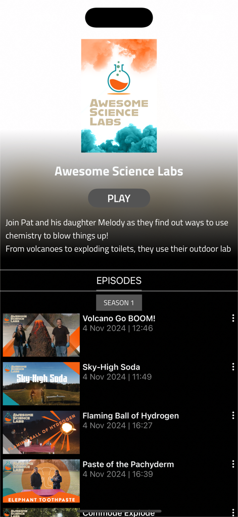 Una pantalla de la aplicación TLN plus que muestra la página del programa Awesome Science Labs con listados de episodios.