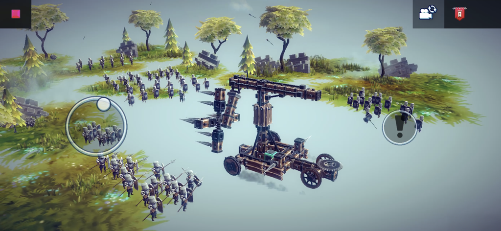 A wooden mechanical siege engine in a field surrounded by soldiers in Besiege Mobile