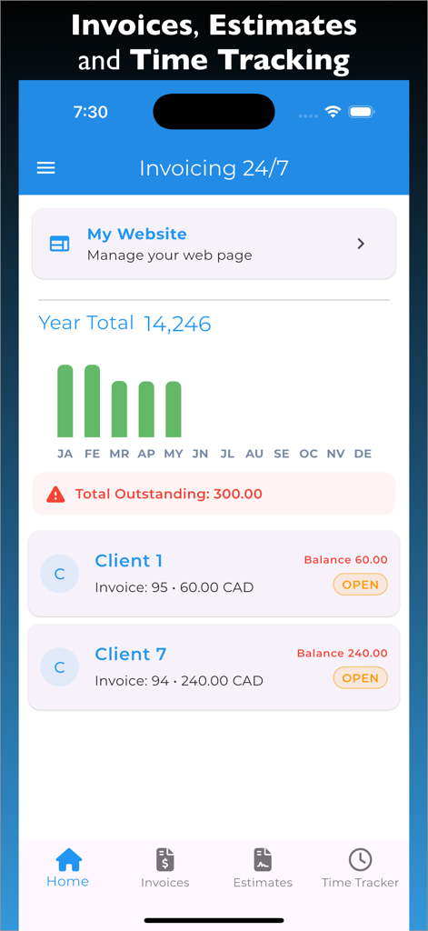 Invoicing 24/7 app dashboard displaying annual totals, monthly income charts, and outstanding client balances.