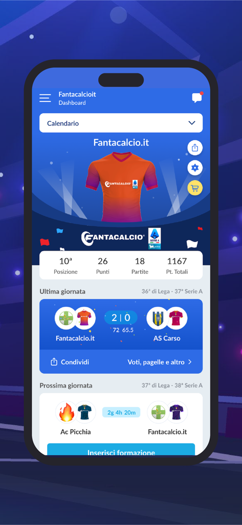 Mobile dashboard of the Leghe Fantacalcio app showing team rankings match results and upcoming game schedule