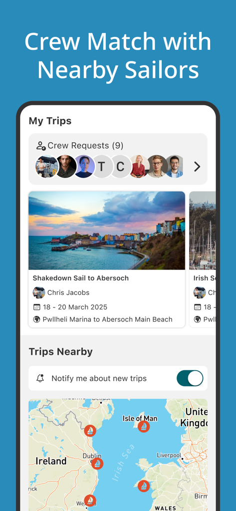 SailTies: Logbook GPS Tracking - Interface of the SailTies app displaying crew requests and a map of nearby sailing trips