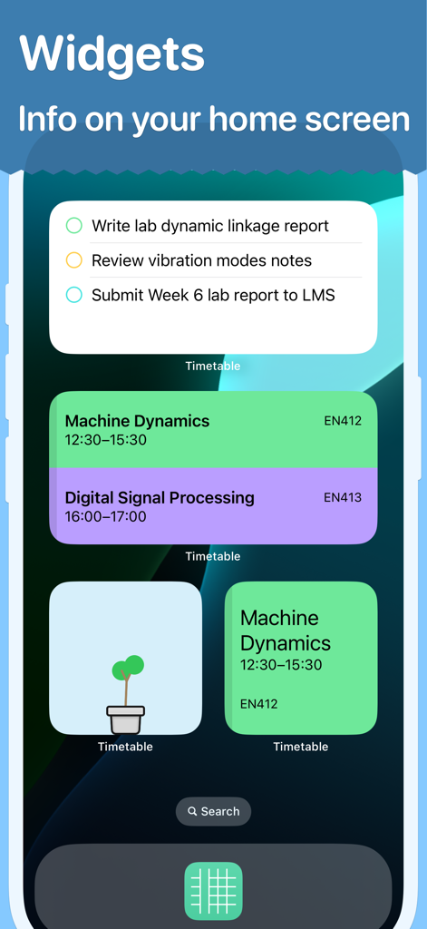 수업 일정 및 작업을 보여주는 학생 시간표 앱 홈 화면 위젯