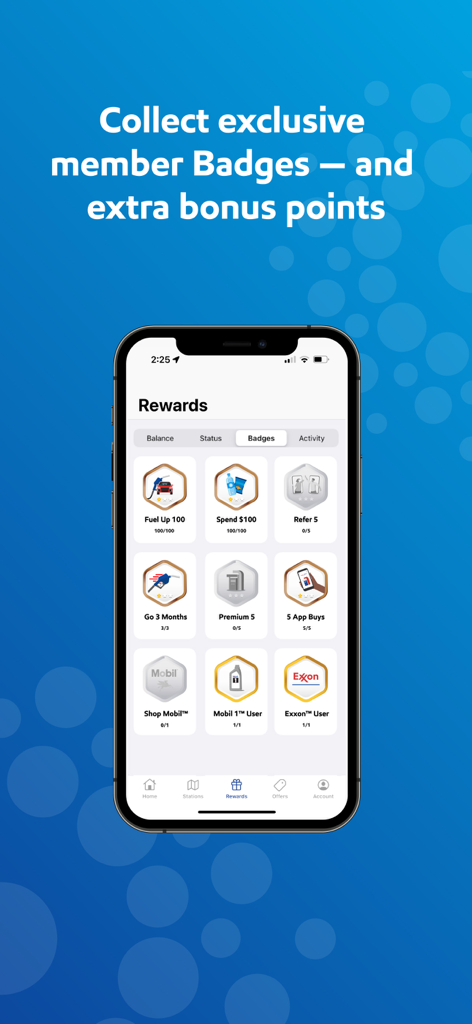 Exxon Mobil Rewards+ - Exxon Mobil Rewards+ app rewards badges screen showing various member achievement icons and bonus point progress