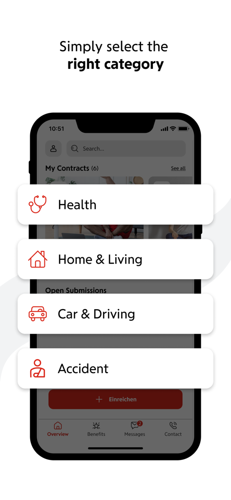 Schermata dell'app mobile che mostra le categorie assicurative per Salute Casa Auto e Infortuni nell'app losleben