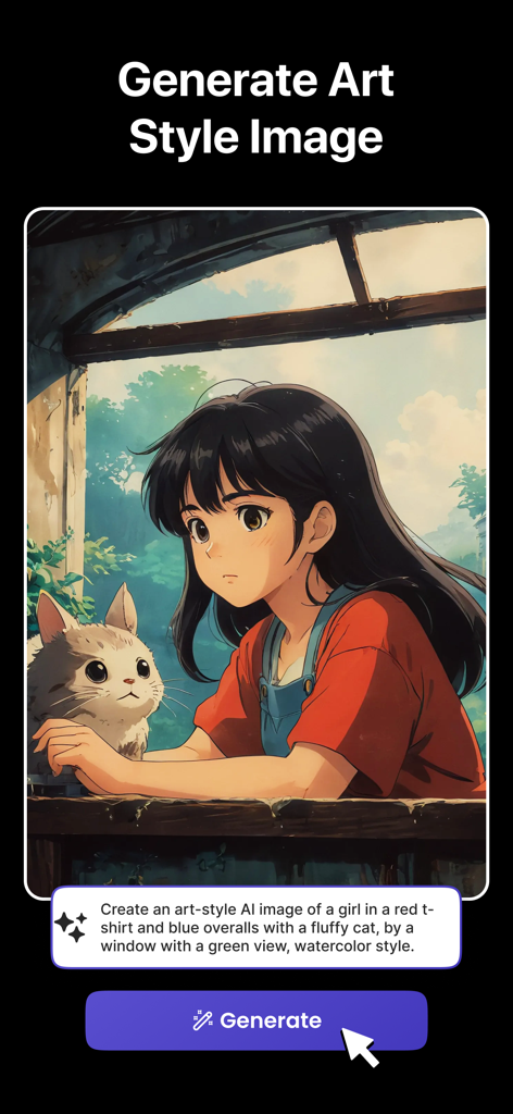 AI Art & Image Generator - AIアートと画像ジェネレーターのインターフェースで、テキストプロンプトから作成された水彩スタイルのイラストを表示