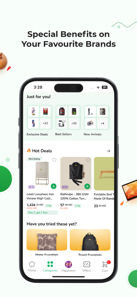LuLu Online app interface showing hot deals and special benefits on favorite brands.