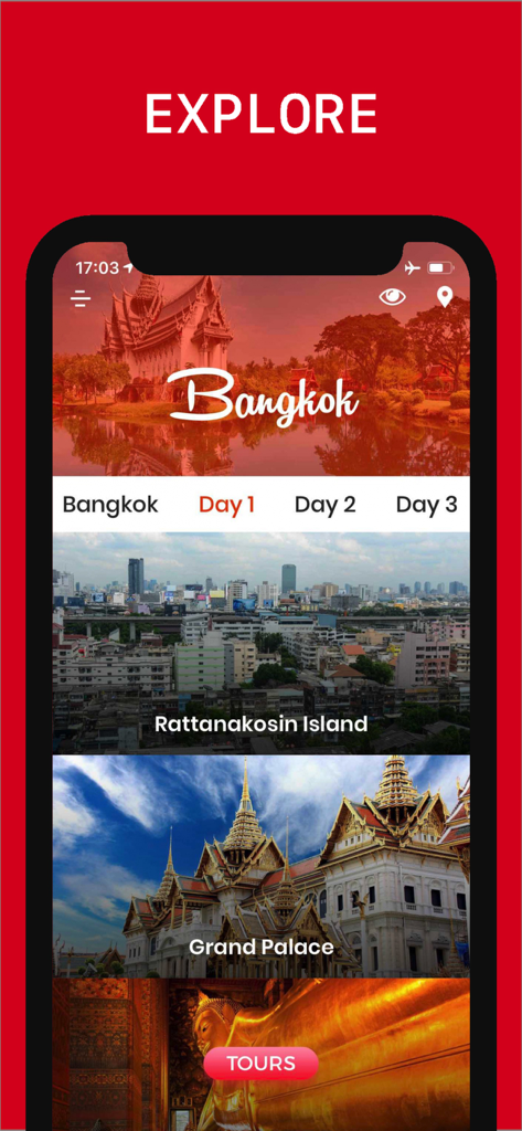 Bangkok Travel Guide . - Bangkok Travel Guide app interface showing a three-day curated itinerary with landmarks like the Grand Palace and Rattanakosin Island.