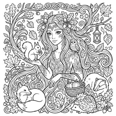 Step into a world where ancient myths meet the beauty of fall with this exquisite coloring page. Featuring a graceful forest spirit surrounded by woodland creatures and abundant autumn foliage, it promises a truly captivating creative escape.