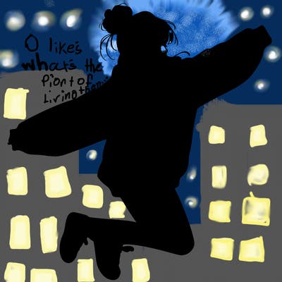 realistic girl jumping with a bun and oversized sweatshirt