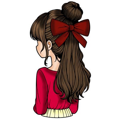 realistic girl  with hip length hair a bun and a big bow on the back of head