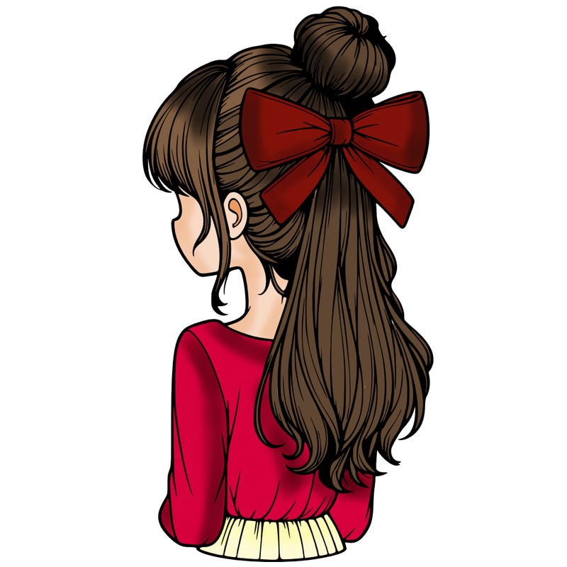 realistic girl  with hip length hair a bun and a big bow on the back of head