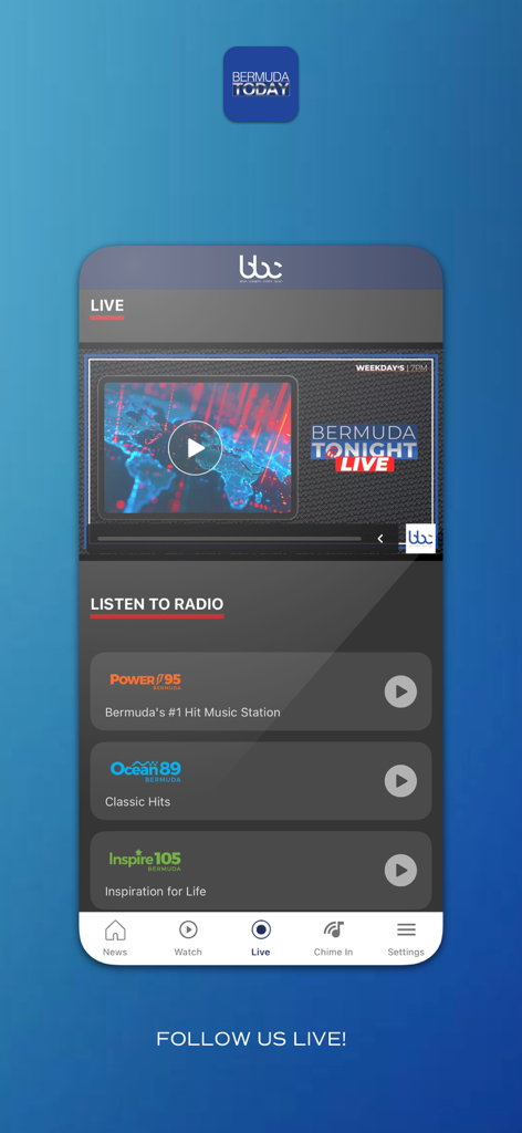 Bermuda Today - Bermuda Today app screen showing live video and radio station options