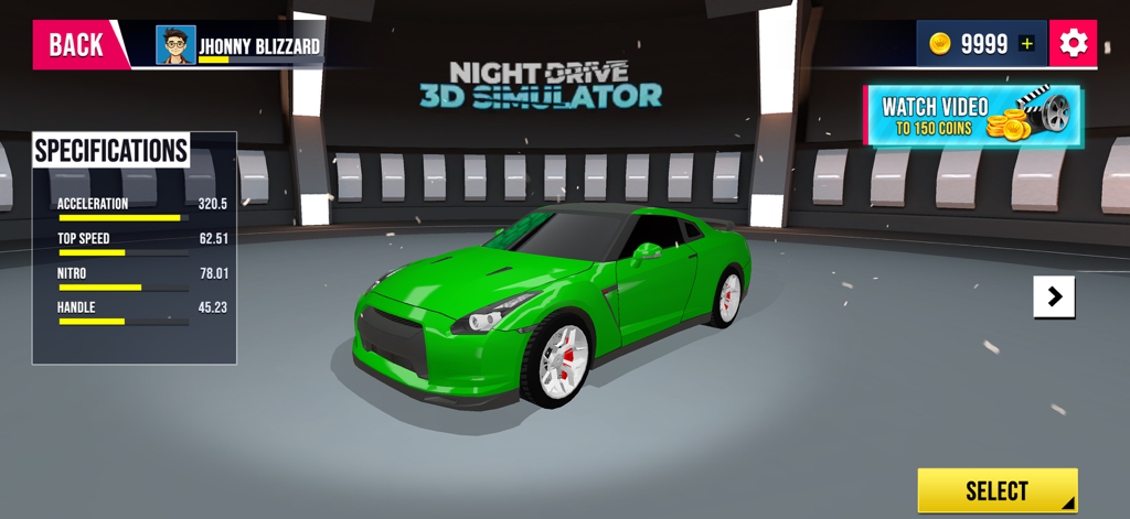 Night Drive 3D Simulator - Coche deportivo verde en el menú del garaje de Night Drive 3D Simulator mostrando especificaciones de rendimiento