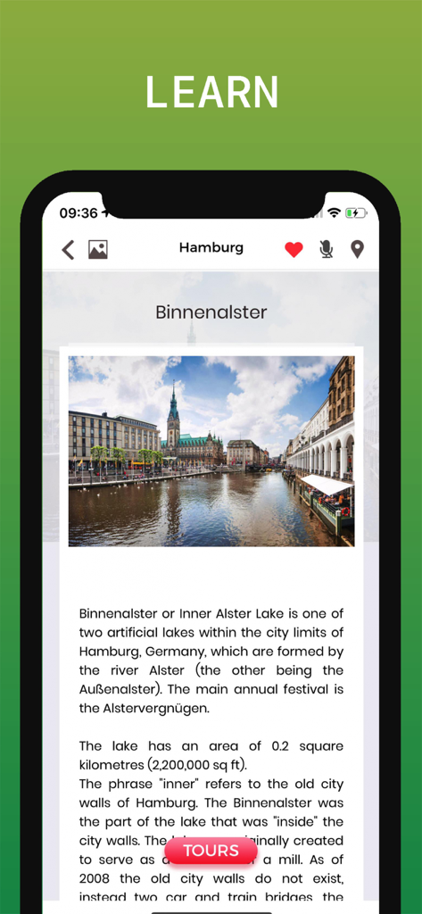 함부르크 여행 가이드 앱이 빈넨알스터 호수에 대한 정보를 표시하는 화면