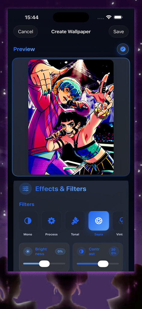 Demon Hunters Wallpaper KPop - Interfaccia per l'editing di sfondi KPop con filtri e regolazioni della luminosità