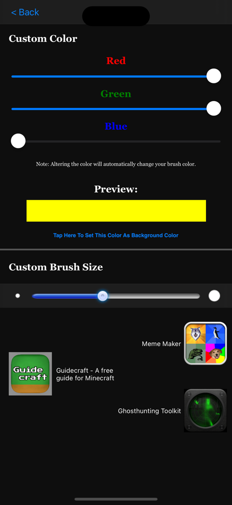 Draw On My Pics - Interfaz para seleccionar colores y tamaños de pincel personalizados con deslizadores RGB y un cuadro de vista previa.