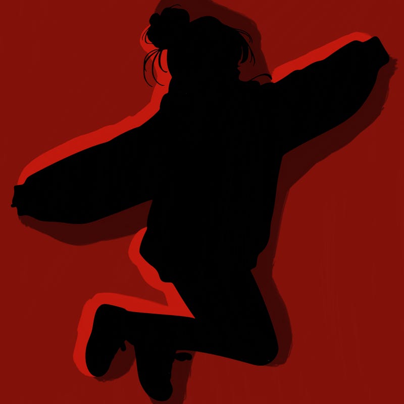 realistic girl jumping with a bun and oversized sweatshirt
