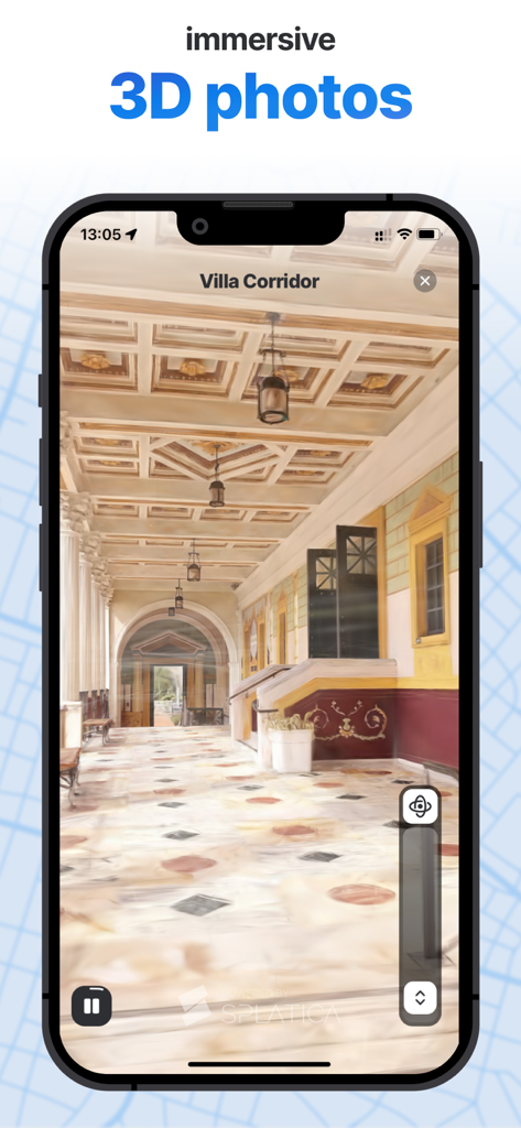 Un iPhone che visualizza una vista architettonica 3D immersiva di un corridoio di una villa nell'app di viaggio Tourly.