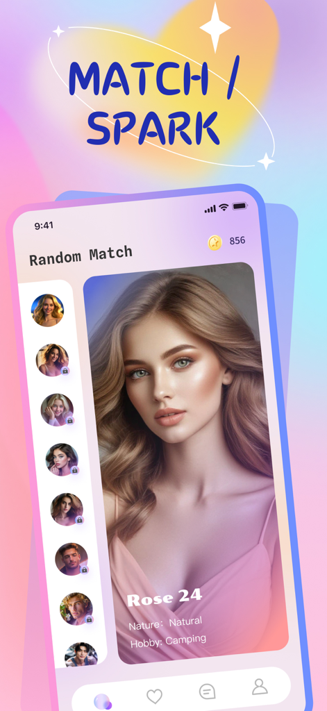 Lutal app screenshot showing the random match feature with a lifelike AI character profile named Rose