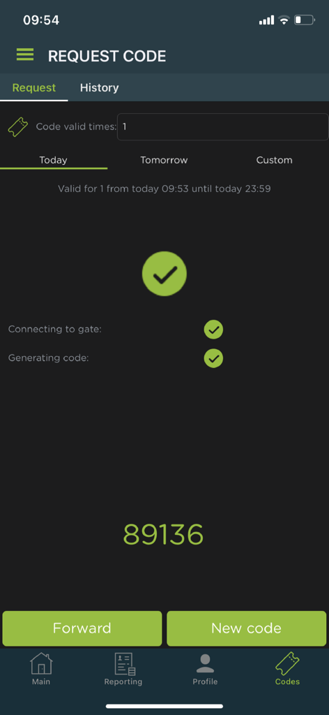 ClickOn Connect - Mobile app screen showing a generated five-digit visitor access code for a gated estate.