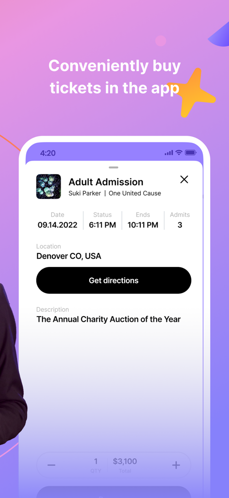 Handbid - Handbid app interface for purchasing admission tickets to charity events and auctions