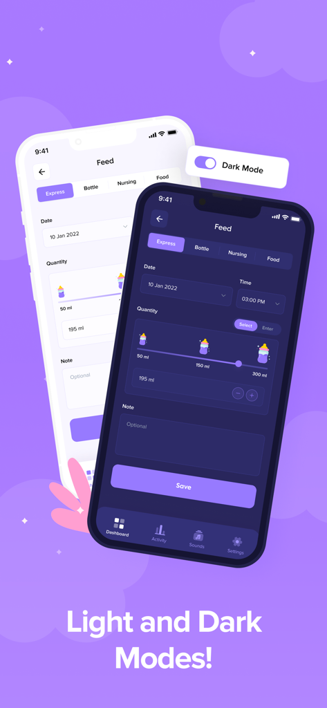 Baby Tracker by CS - Interfaz de la aplicación Baby Tracker by CS que muestra la pantalla de seguimiento de alimentación en modo claro y oscuro