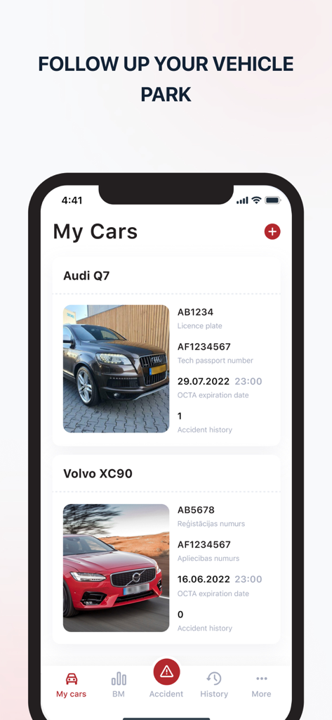 LTAB OCTA - LTAB OCTA app interface showing the My Cars section for managing multiple vehicles and insurance details