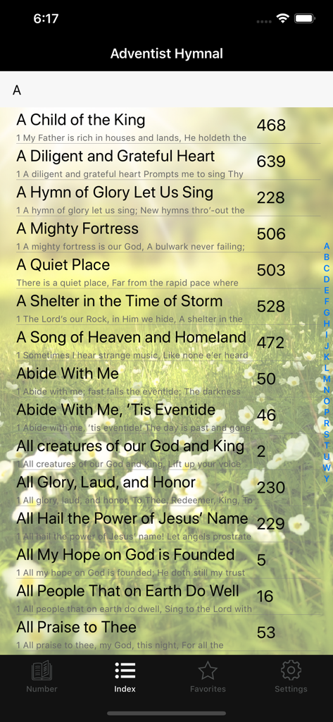 Adventist hymnal - Alphabetical index of hymns with titles and numbers in the Adventist Hymnal app