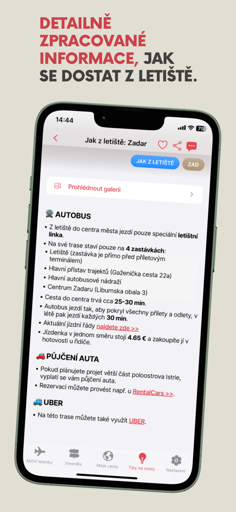 FlyAway: levné letenky, cesty - FlyAway mobile app interface displaying detailed airport transportation options for Zadar including bus schedules and car rentals
