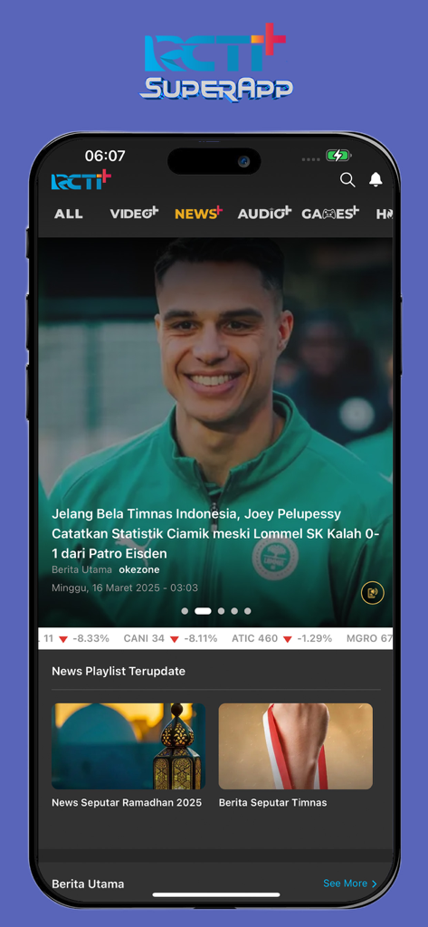 RCTI+ Superapp - The News plus section of the RCTI plus Superapp showing Indonesian news articles and local sports updates on a mobile screen
