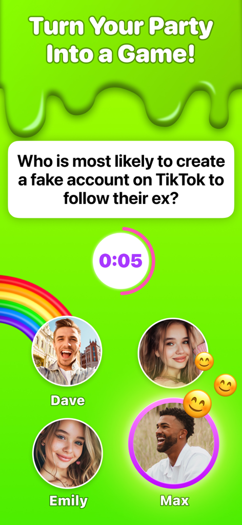 Un écran de question "Le plus susceptible de" dans l'application Party Lab montrant les avatars des joueurs et un compte à rebours