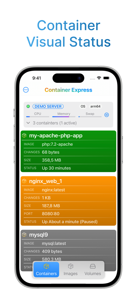 Panel de control móvil de Container Express mostrando el estado visual y el uso de recursos de los contenedores Docker