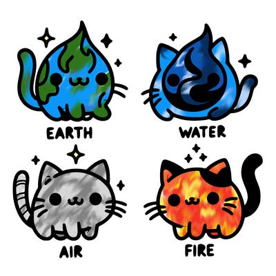 4 cats that represent the different elements, earth, water, air, and fire