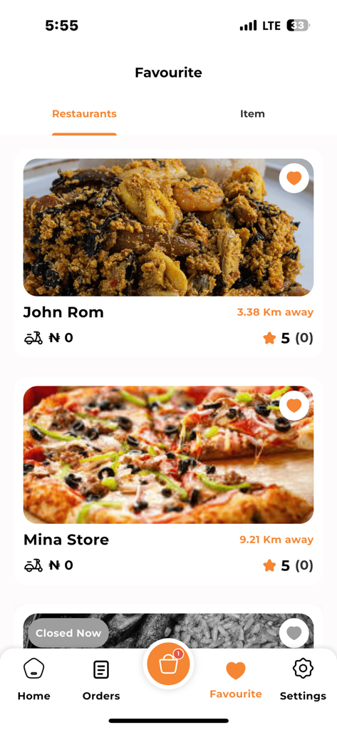 Wakafoods - The favourite restaurants screen of the Wakafoods app showing a list of saved food vendors with meal photos and delivery information.