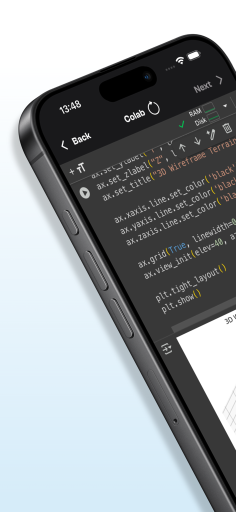 Mobile interface of JuNote app displaying Python code for 3D data visualization