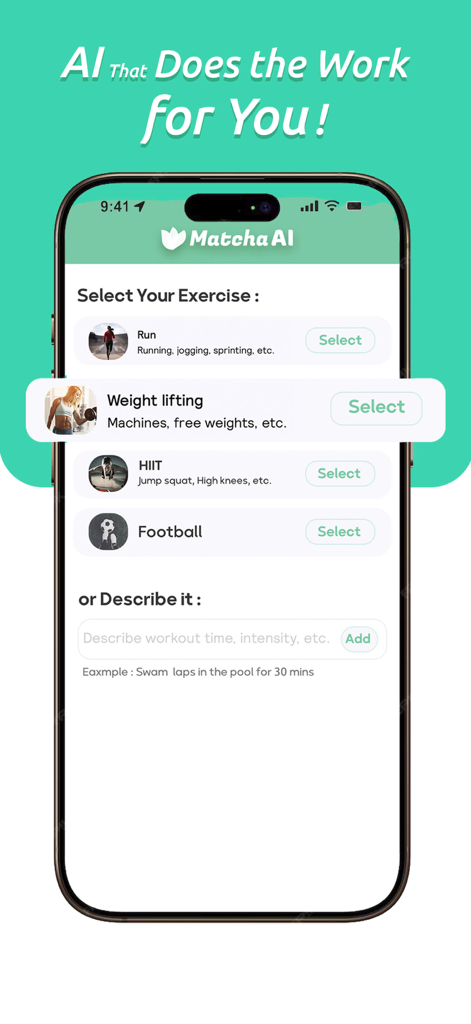 Matcha AI・Food Calorie Scanner - Matcha AIモバイルアプリの画面。運動の選択または説明用