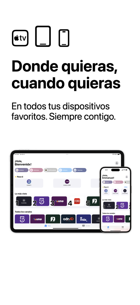 TV Mexicana - En Vivo - Interfaz de la aplicación TV Mexicana mostrada en un iPhone y iPad con canales de televisión mexicanos en vivo
