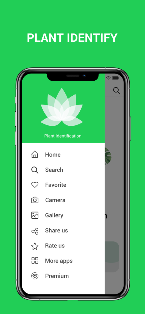 Plant Snap : Identify Plant - Interfaccia mobile che mostra il menu di navigazione dell'app di identificazione Plant Snap