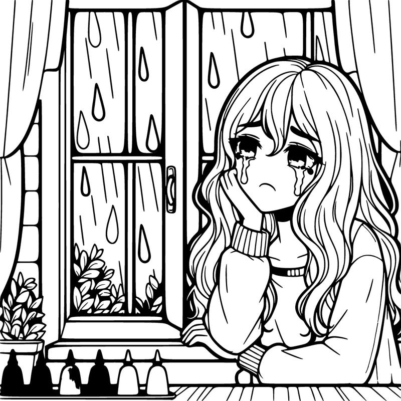 a beautiful girl who’s hurt and is crying in the window while looking at the rain outside