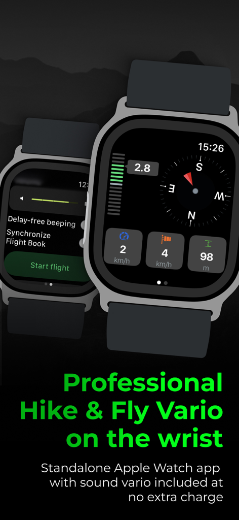 Vario One paragliding app on Apple Watch showing flight metrics and compass for Hike and Fly pilots