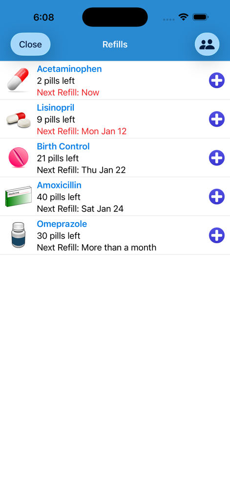 Tela de gerenciamento de recargas mostrando o inventário de medicamentos e as próximas datas de recarga.