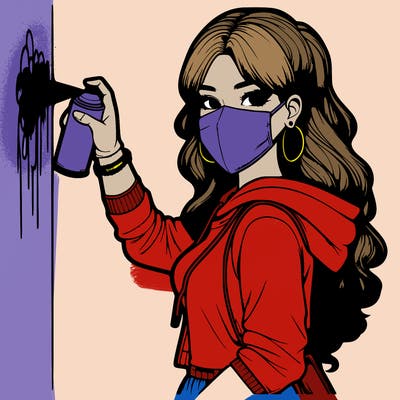 realistic girl with mask spray painting a wall