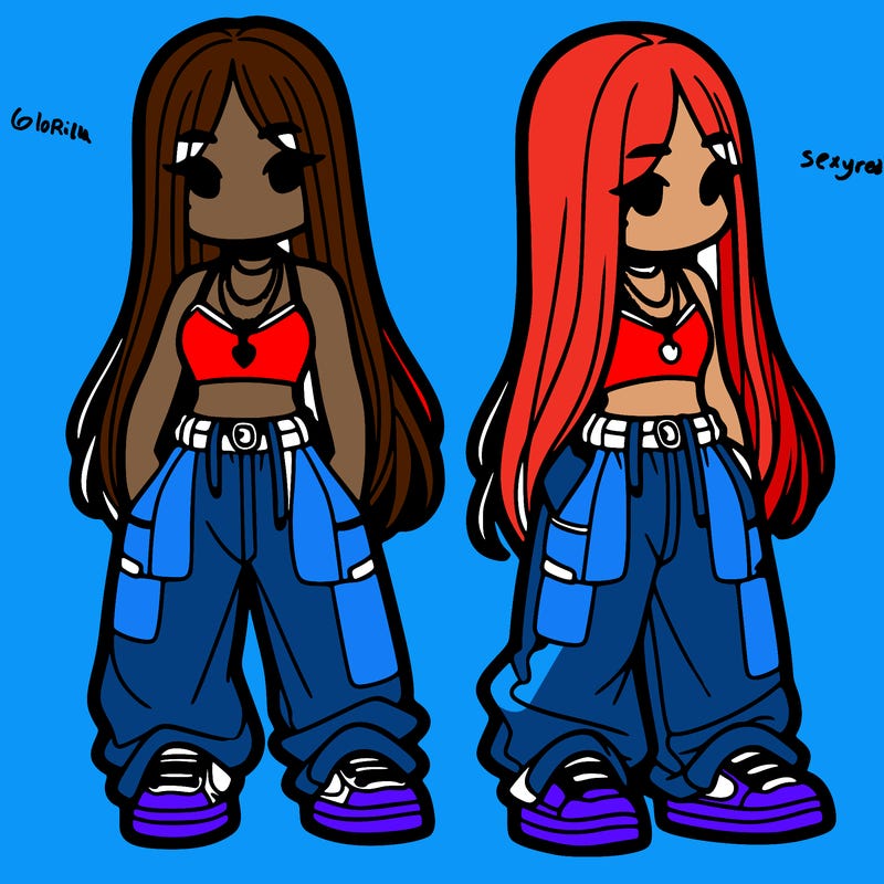 girl in baggy pants crop top and long hair