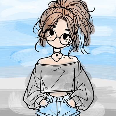 girl with a messy ponytail glasses a baggy crop top and jean shorts