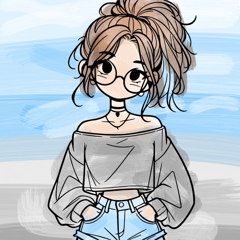 girl with a messy ponytail glasses a baggy crop top and jean shorts