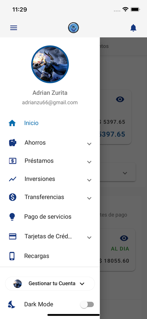 Cacspmec Móvil - Menú de navegación de la aplicación bancaria móvil Cacspmec Movil mostrando opciones de ahorros, préstamos e inversiones.