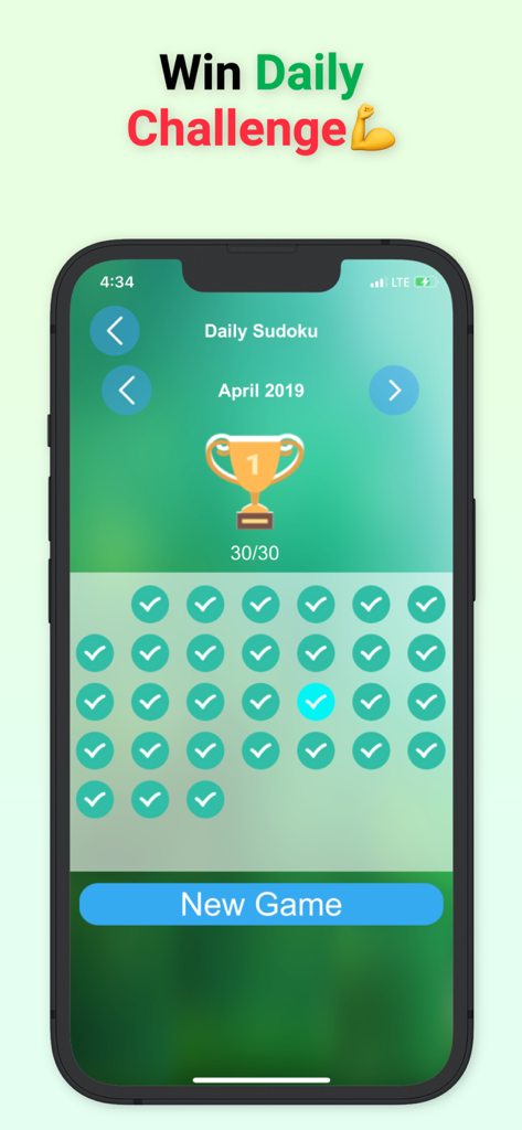 A smartphone screen displaying a completed Sudoku daily challenge for April with a gold trophy and checkmarks for each day