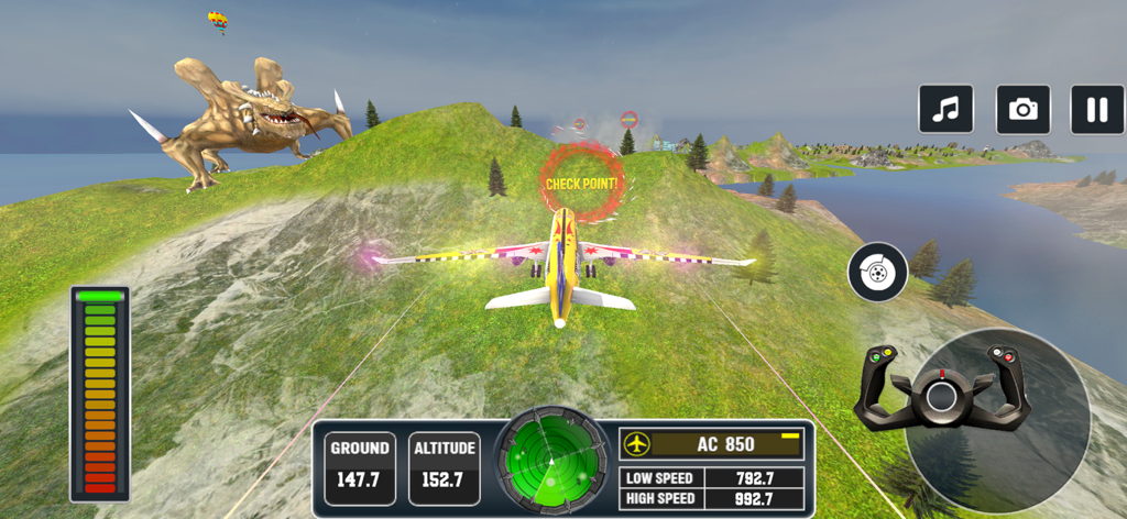 Flight Pilot Sky Airplane Game - Airplane flying through a checkpoint ring near a giant monster in a flight simulation game.