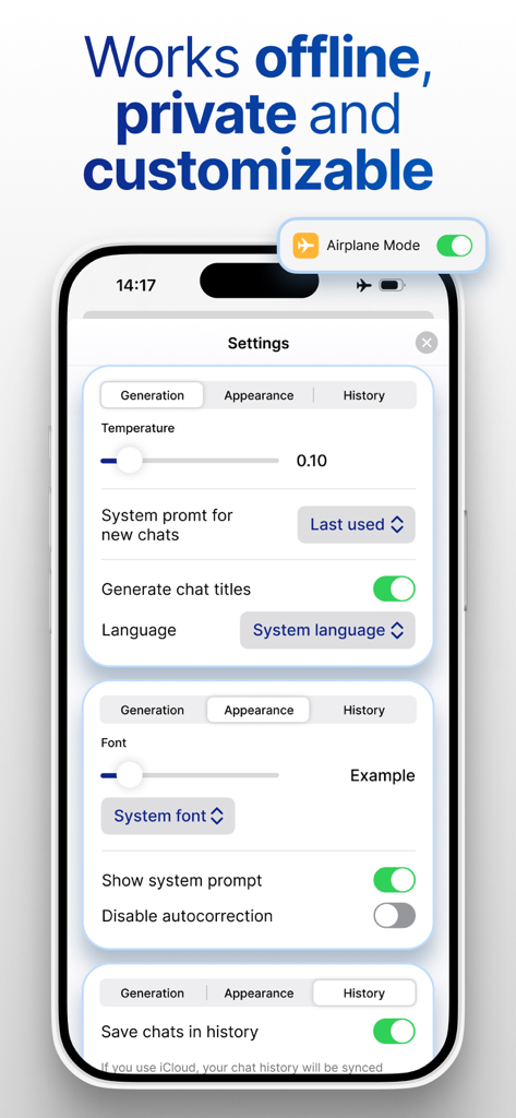 Local Chat: Private AI Chatbot - Local Chat app settings menu showing offline airplane mode and AI model customization options